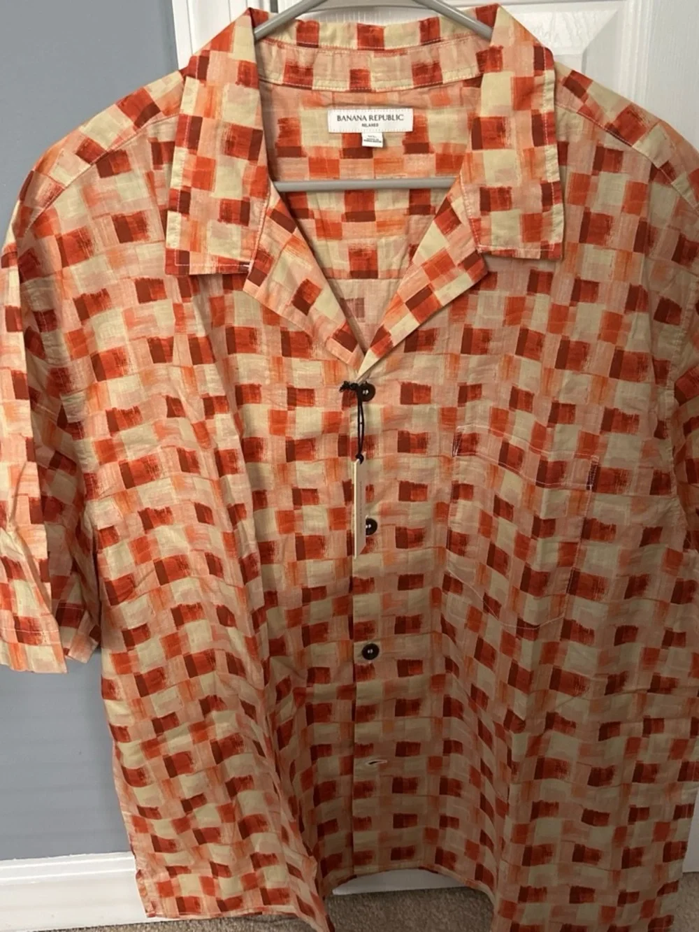 Banana Republic Orange and Cream Checked Short Sleeve Button-Up Shirt